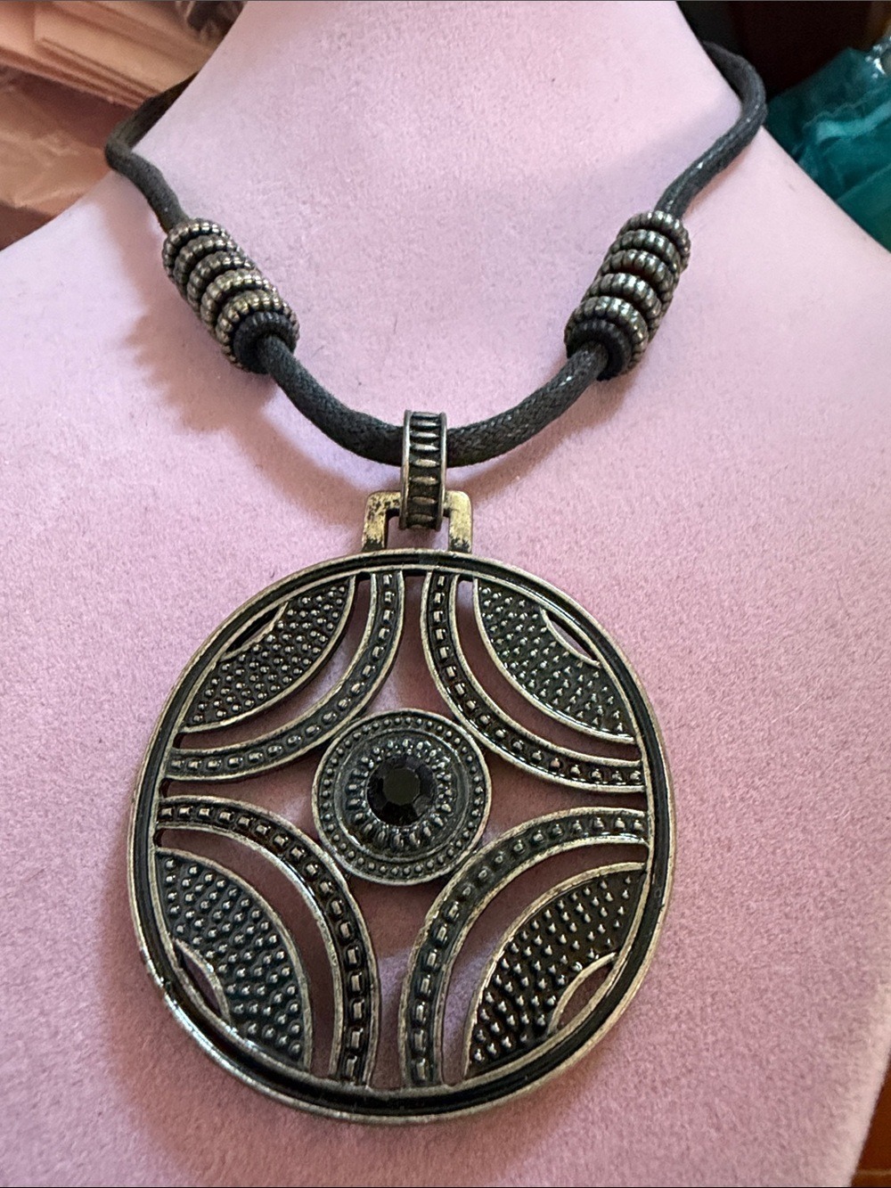 Boho Circle Pendant Necklace on Black Cord, (J0154)